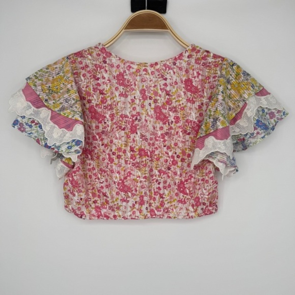 LoveShackFancy Kielle Crop Top Size Medium Pink Floral Twist Front Ruffle Sleeve - Picture 8 of 11